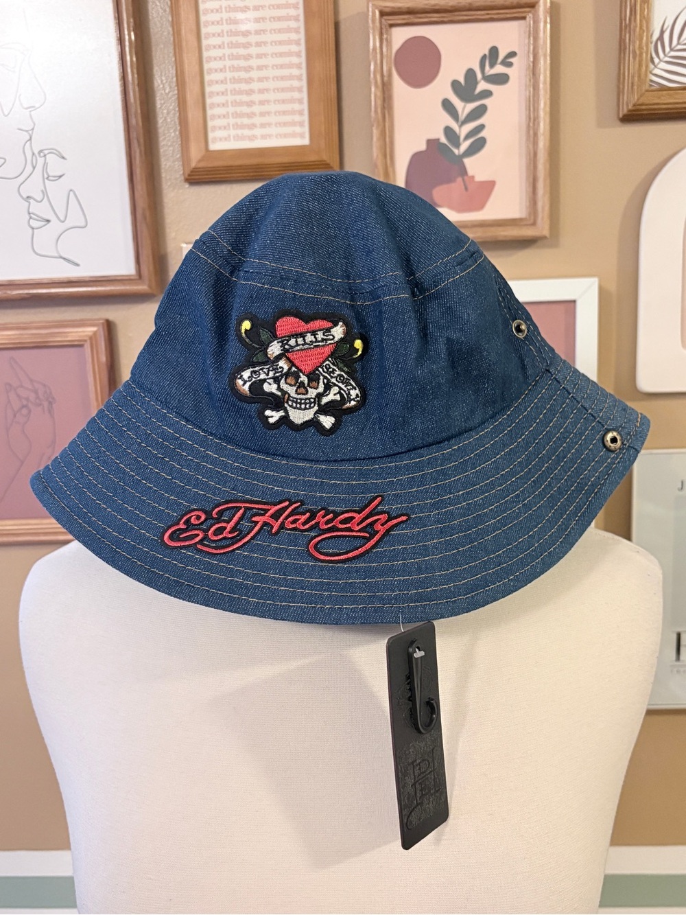 Ed Hardy Denim Bucket Hat in Blue with Red Logo Embroidery